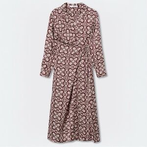 Mango Satin Floral Shirt Dress 2X Midi Burgundy with Wrap Detail Plus